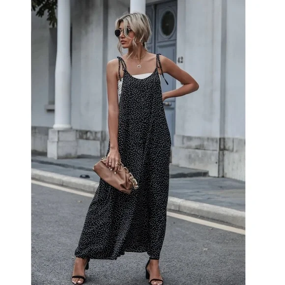 Tie Shoulder Polka Dot Black Wide Loose Fitting Jumpsuit - Picture 2 of 9
